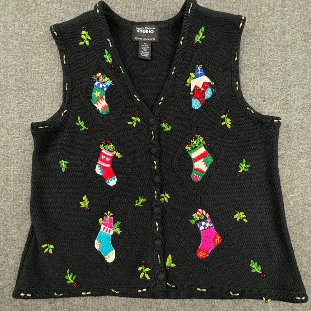 Designers Originals Studio Joy Christmas Sweater‎ Vest PM Stockings Whimsical